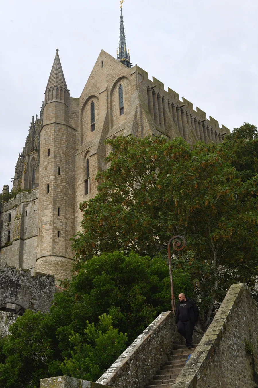Granite abbey walls and a tall spire rising above trees from the base of the island.